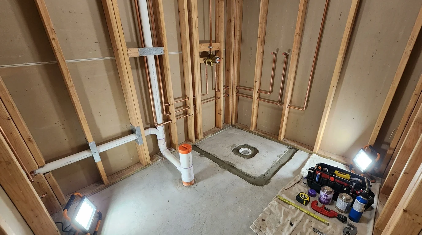 Bathroom rough-in plumbing during remodel by Johns Plumbing LLC in Glen Gardner