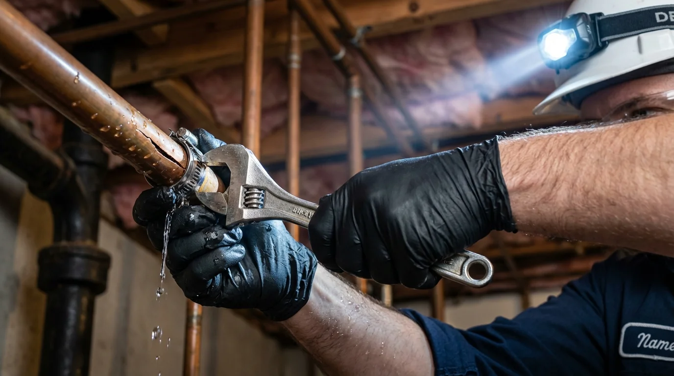 Emergency pipe clamp repair being performed by a Johns Plumbing LLC plumber in Glen Gardner