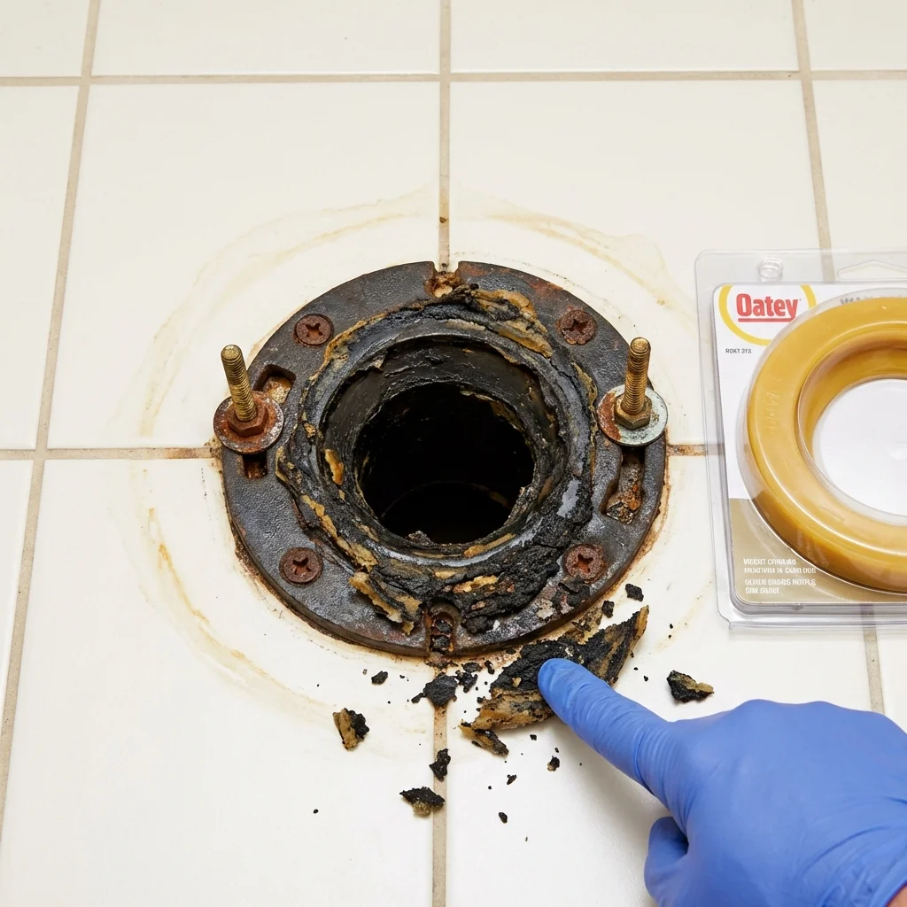 Failed wax ring showing water seepage at the base of a toilet in a Glen Gardner, NJ home