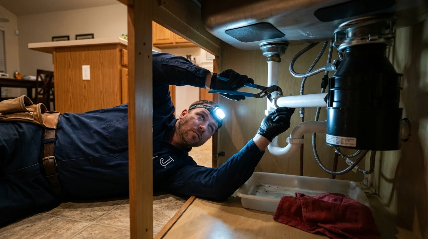 P-trap and supply line connections under a kitchen sink showing a common leak point in Glen Gardner, NJ
